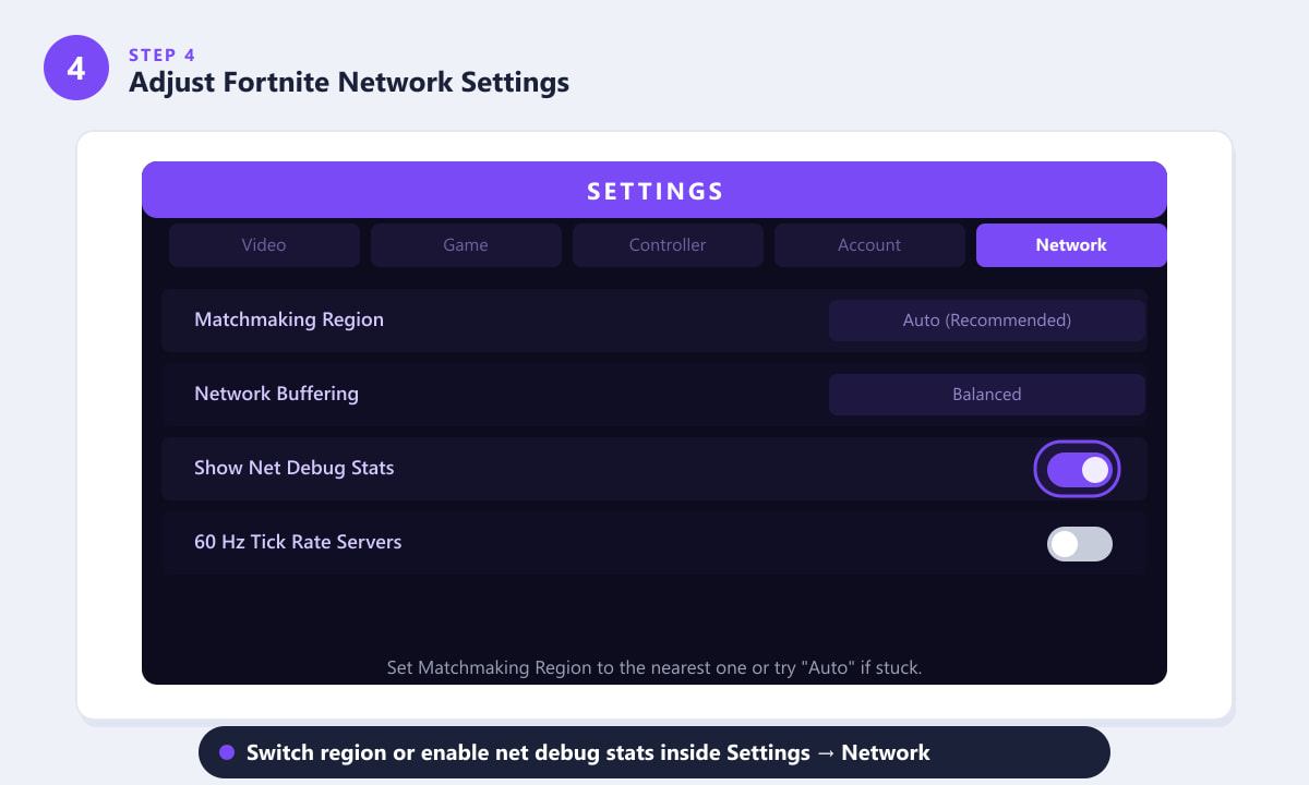 Fortnite Settings Network tab showing Matchmaking Region and Show Net Debug Stats toggle