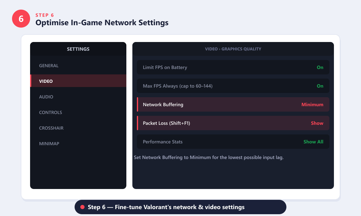 Valorant in-game video and network settings optimised for low ping