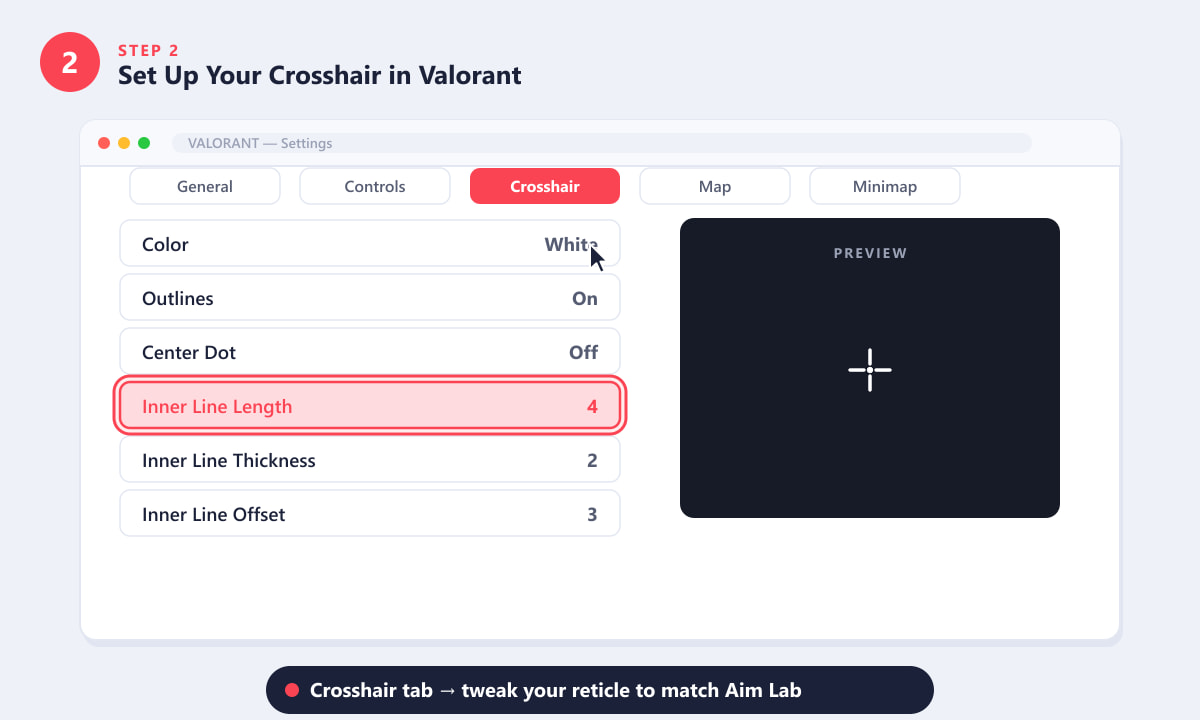 In de Valorant-instellingen is het vizier gemarkeerd, met een live preview van het vizier.