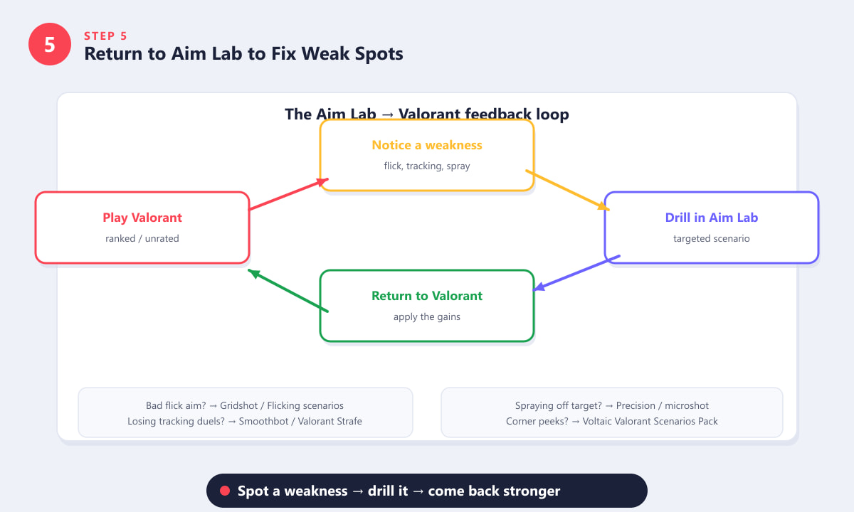 Diagram van een circulaire feedbacklus: Speel Valorant, merk een zwakte op, oefen in Aim Lab, keer terug naar Valorant.