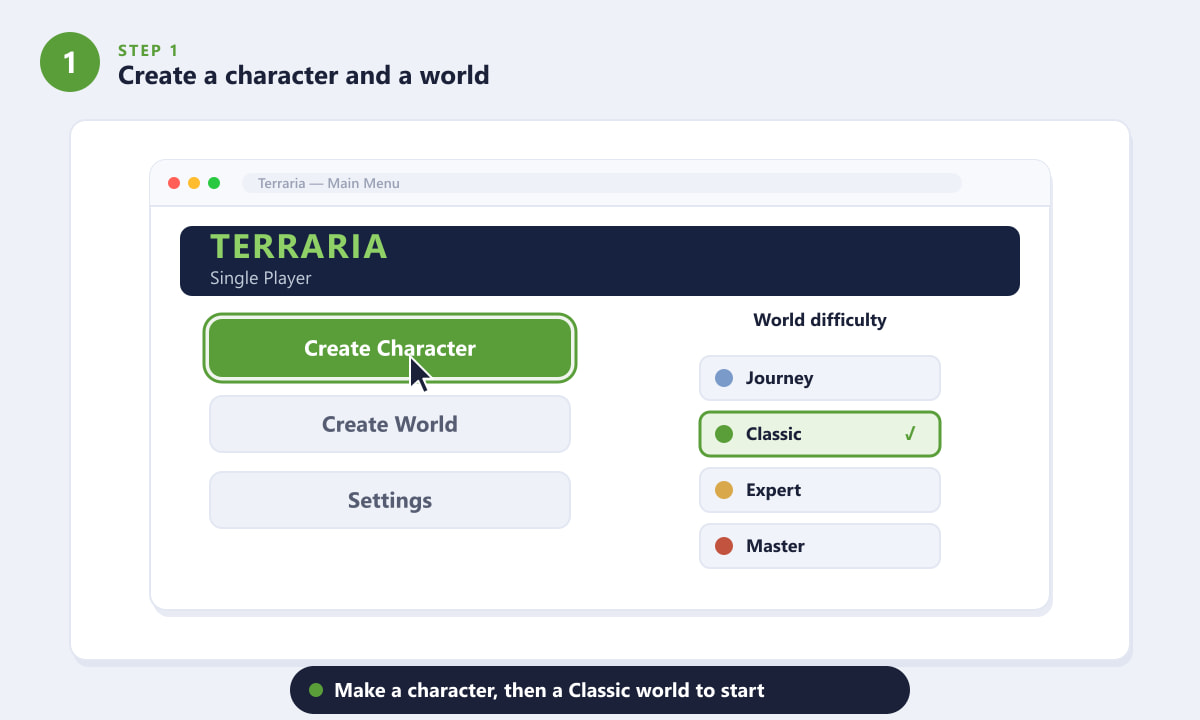 Terraria main menu creating a character and a Classic difficulty world