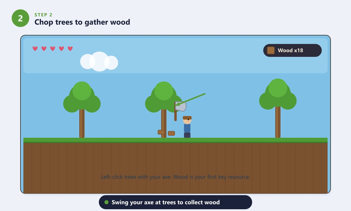 Terraria player swinging an axe at a tree to gather wood on the surface