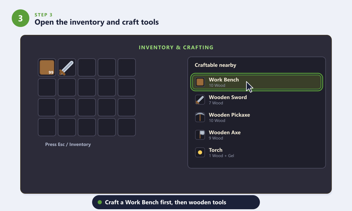 Terraria inventory and crafting menu highlighting the Work Bench recipe