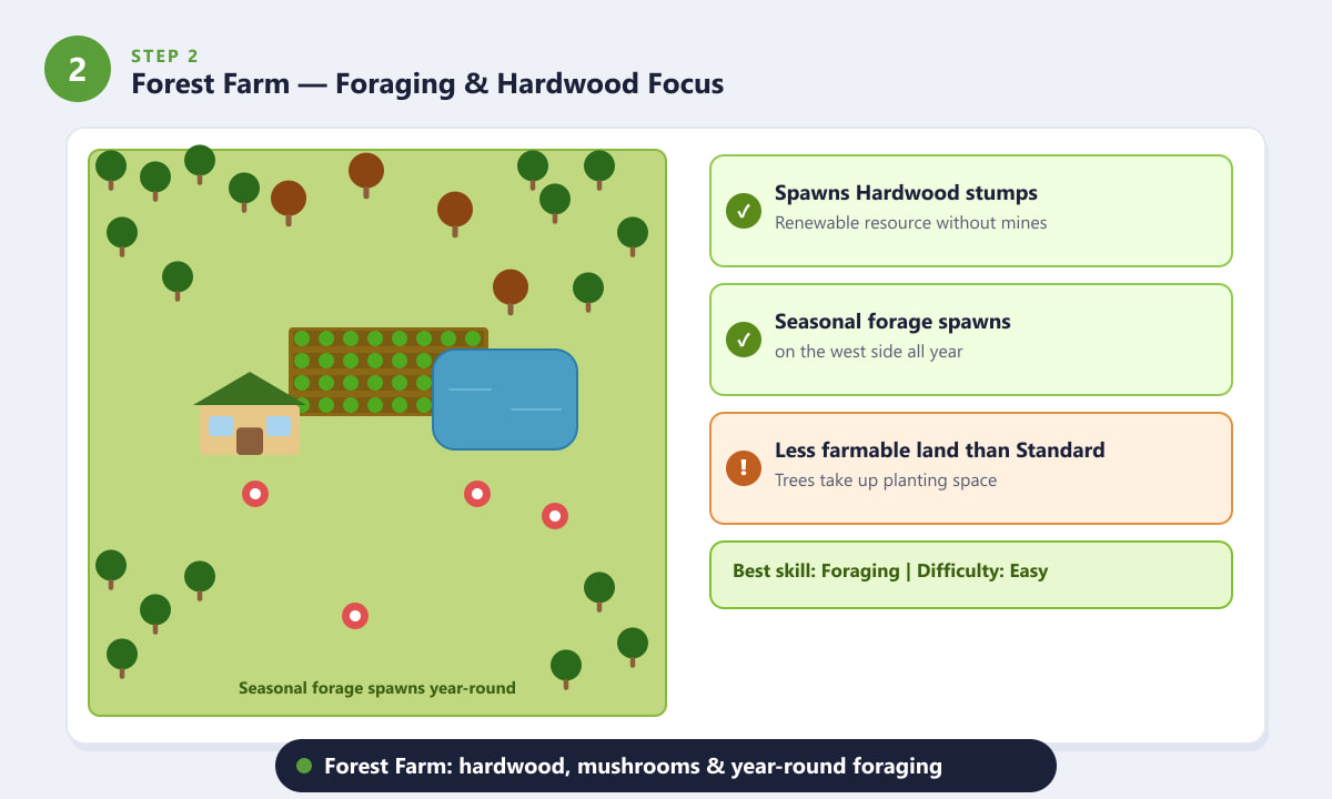 Plattegrond van Forest Farm in Stardew Valley met hardhouten stronken en locaties waar paddenstoelen groeien.