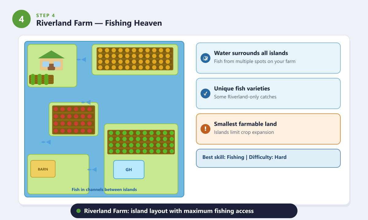 De Riverland Farm-plattegrond in Stardew Valley, met eilanden omringd door viskanalen.