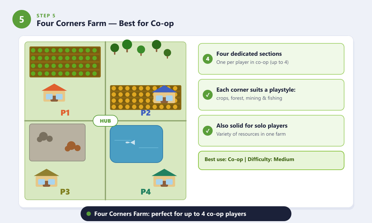 De plattegrond van Four Corners Farm in Stardew Valley is verdeeld in vier secties voor coöperatief spelen.