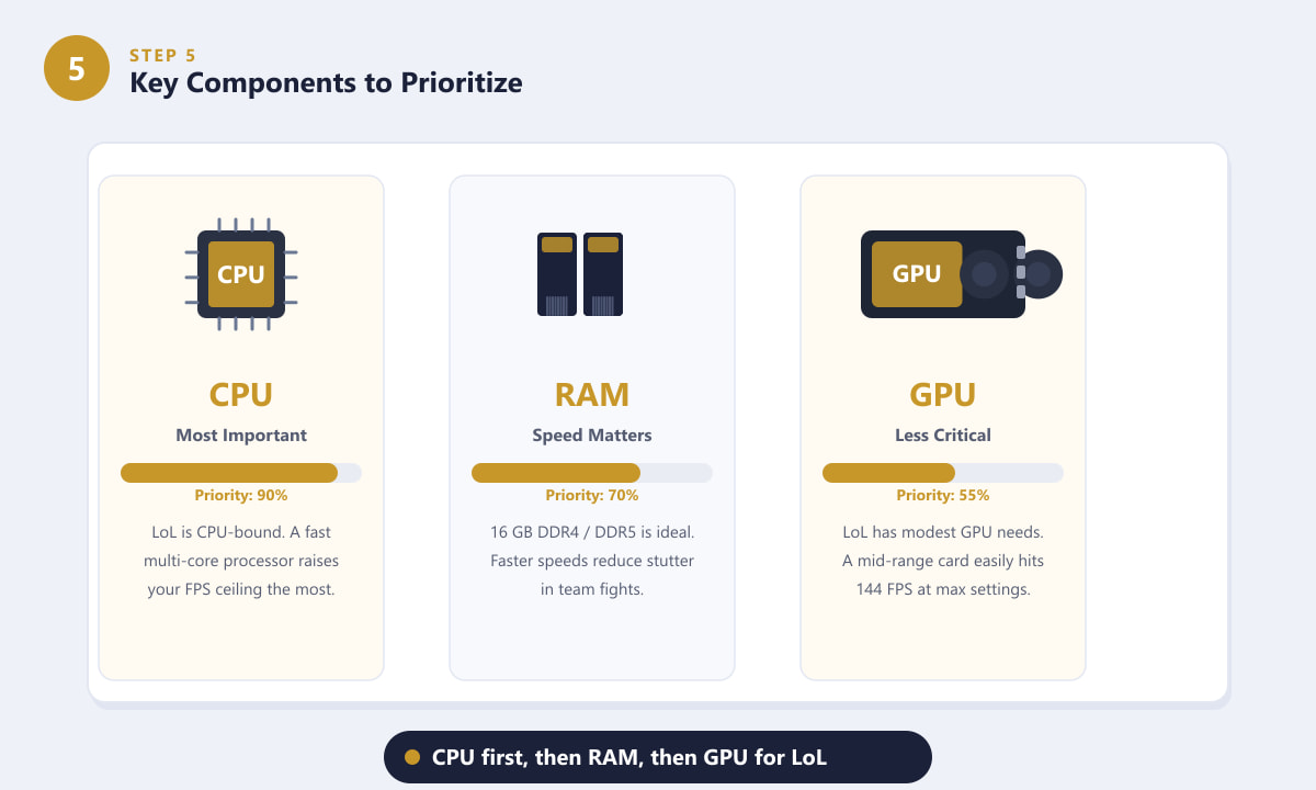Priority diagram showing CPU, RAM, and GPU importance for League of Legends performance
