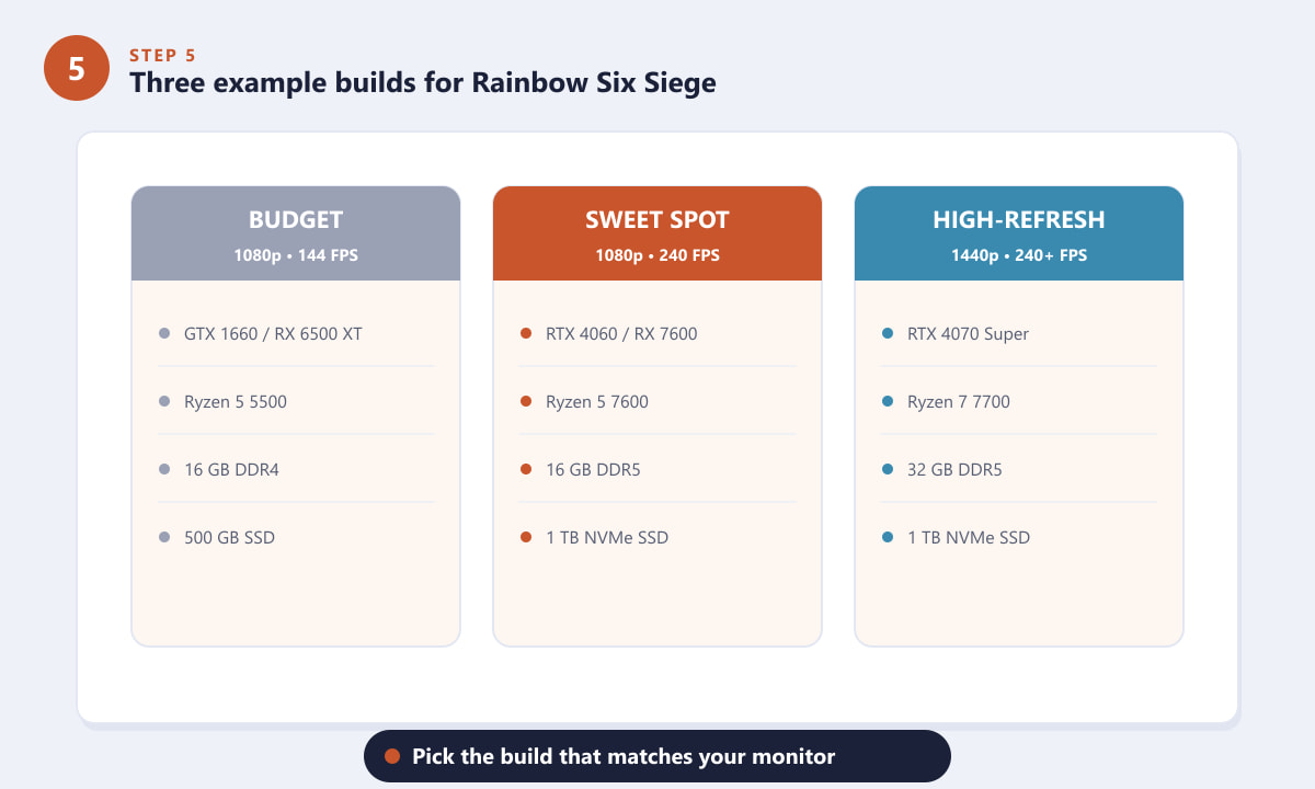 Three example Rainbow Six Siege PC builds: budget, sweet spot and high-refresh
