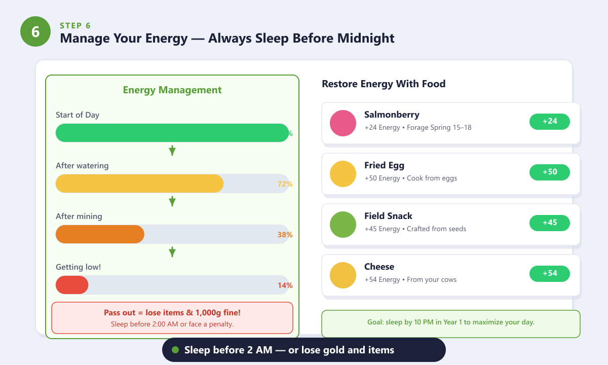 Stardew Valley energy bar management diagram showing food items like Salmonberry and Fried Egg that restore energy
