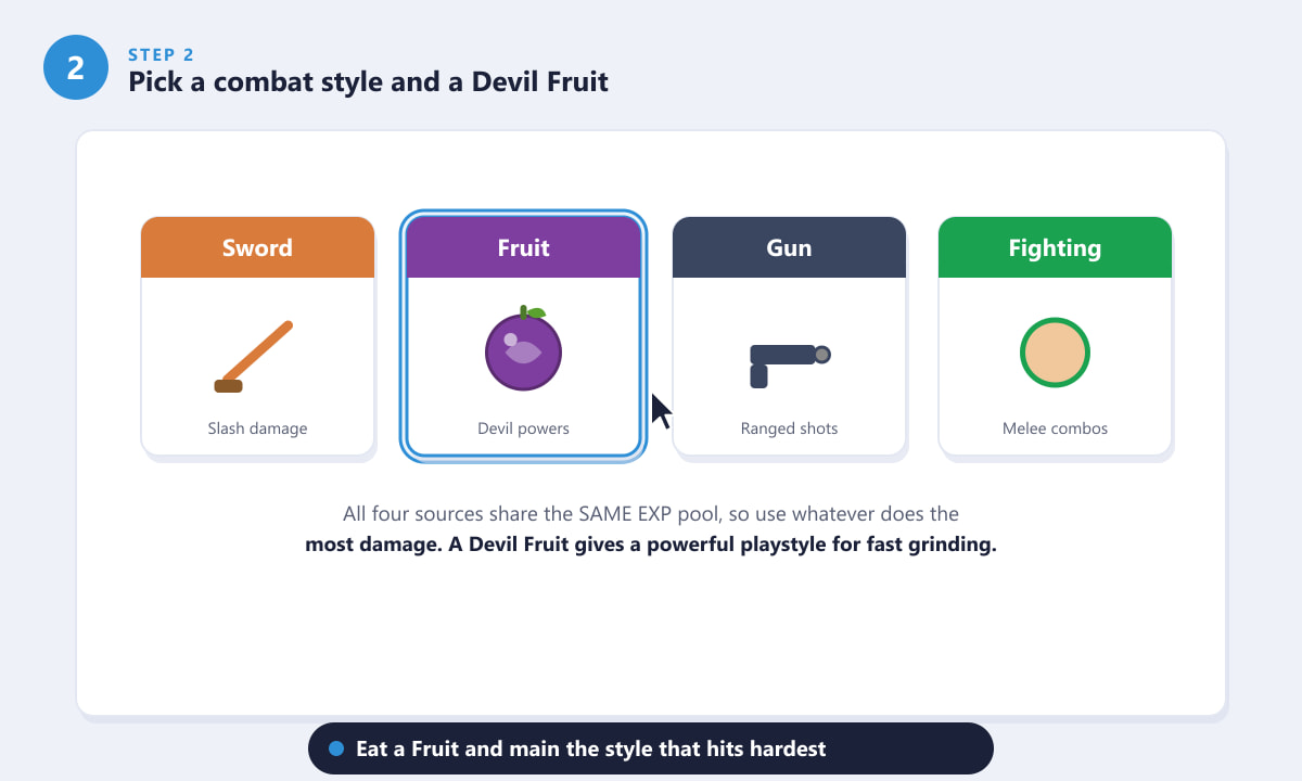 Escolher um estilo de combate e uma Fruta do Diabo em Blox Fruits para subir de nível mais rápido