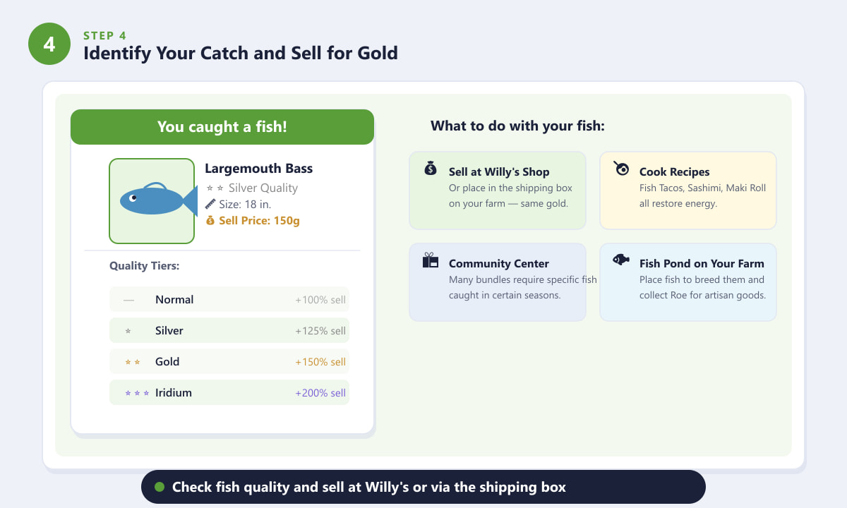 Stardew Valley fish catch popup showing quality tiers and sell prices