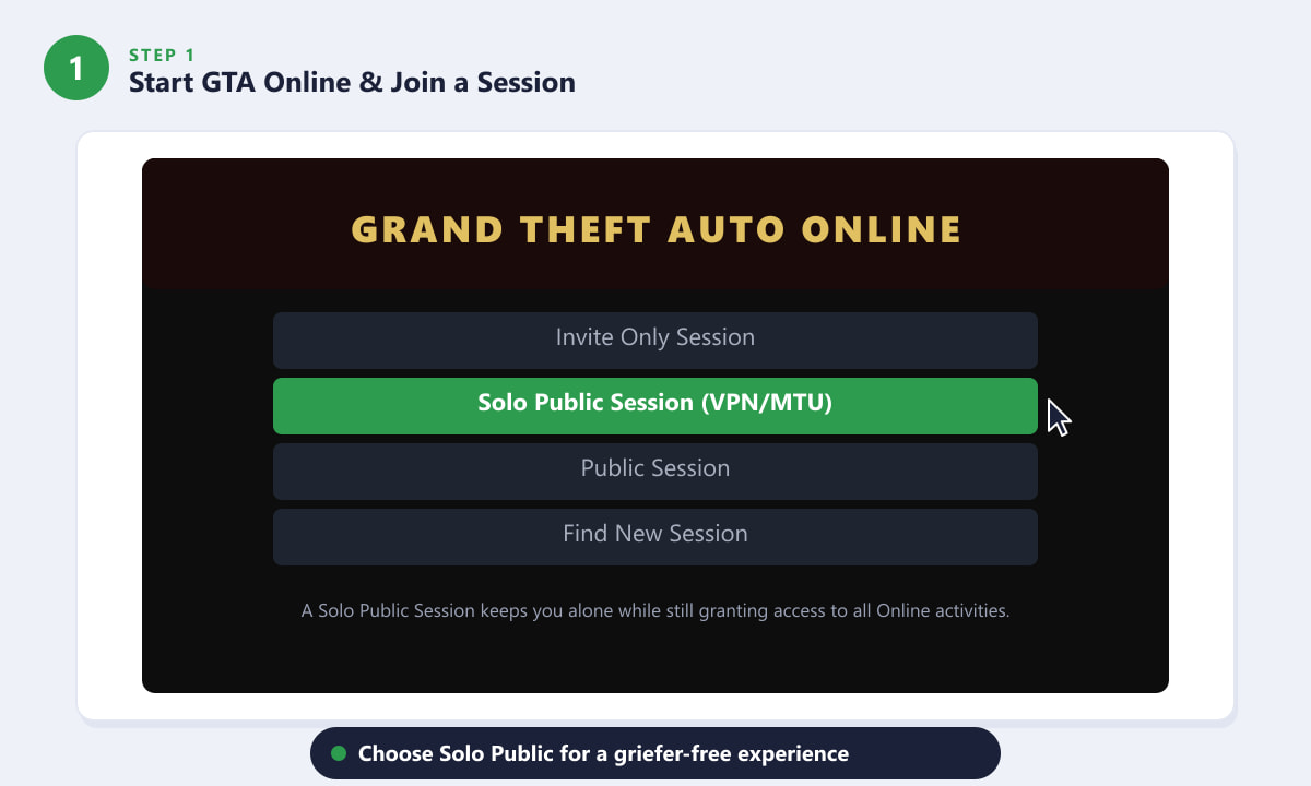 На экране выбора сессии в GTA Online выделена рекомендуемая одиночная публичная сессия.