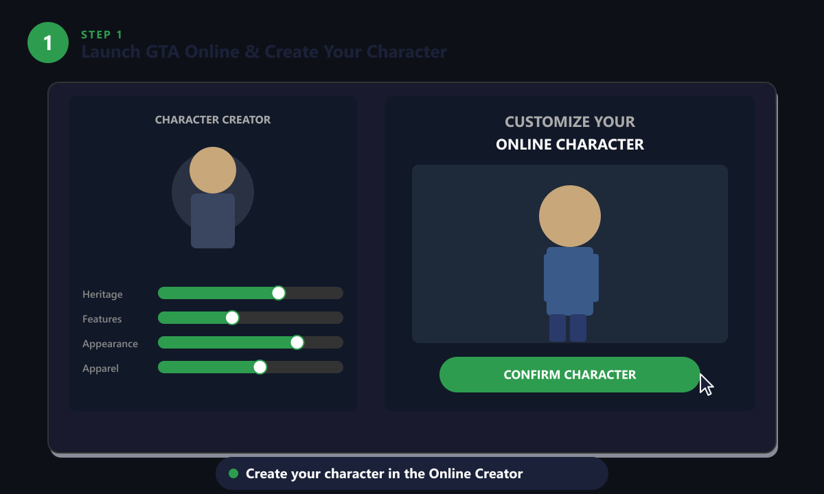 GTA Online character creator screen showing heritage sliders and character preview
