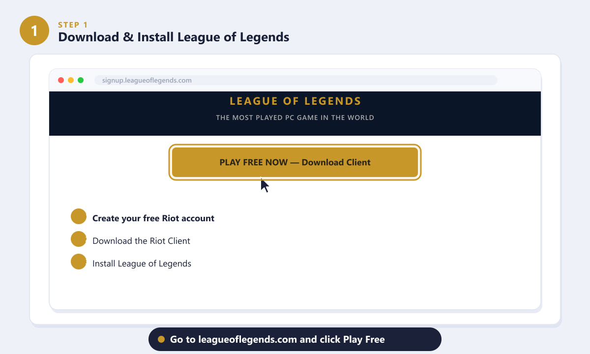 Downloading League of Legends from the official site using the Play Free Now button