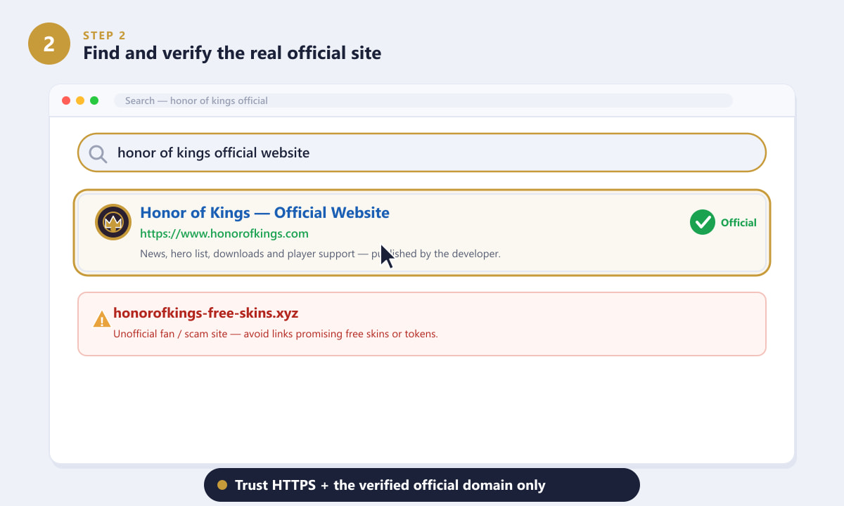 Search results showing the verified official Honor of Kings site versus a fake scam domain