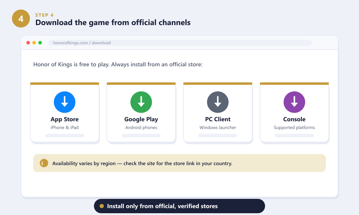 Official Honor of Kings download options for App Store, Google Play, PC and console