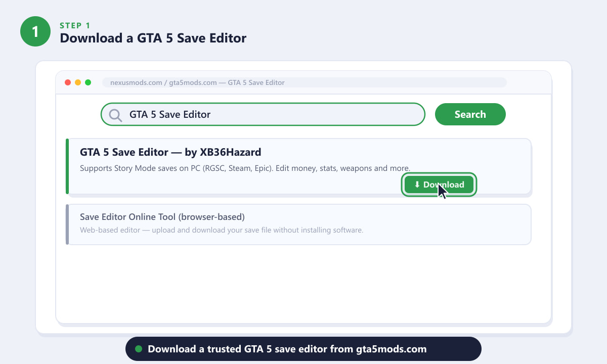 Downloading a GTA 5 save editor from gta5-mods.com