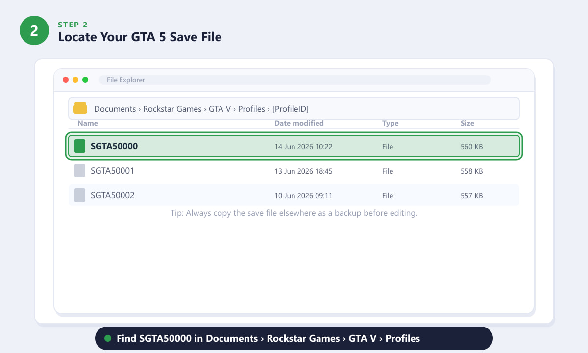 Finding the GTA 5 save file SGTA50000 in Windows File Explorer