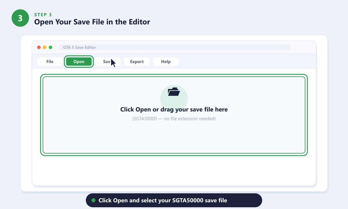Opening a GTA 5 save file in the save editor by clicking the Open button