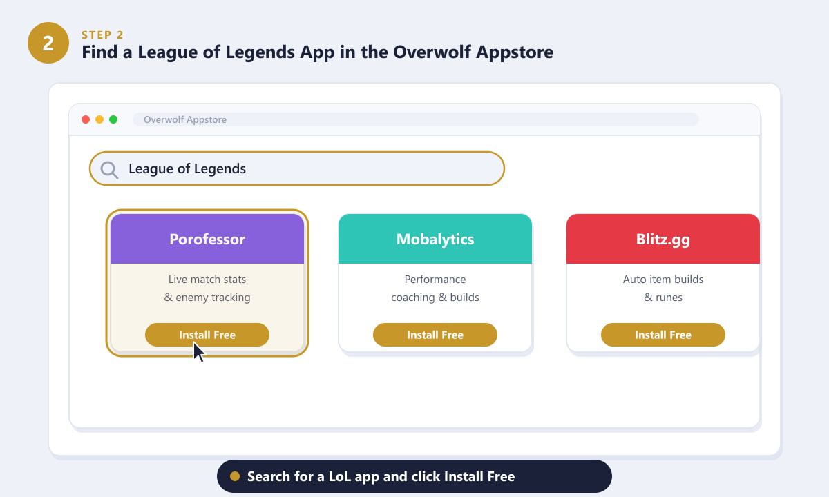 Searching the Overwolf Appstore for League of Legends apps including Porofessor, Mobalytics and Blitz.gg