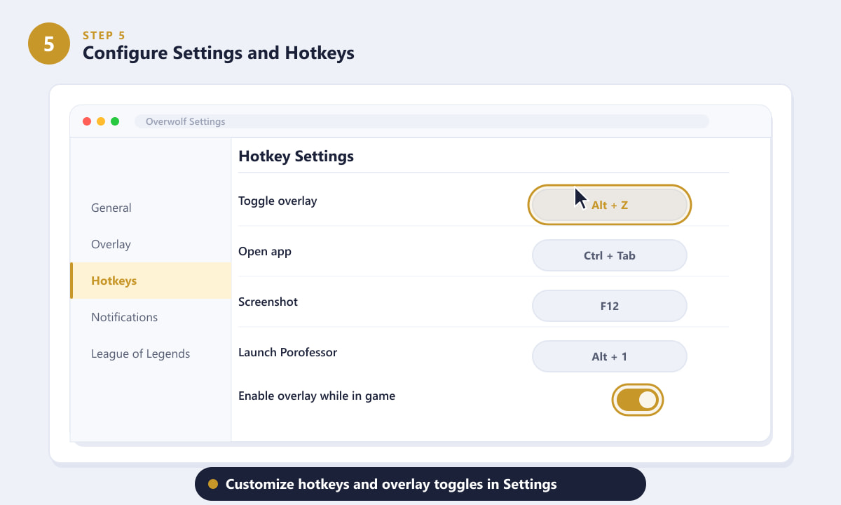 Overwolf Settings screen showing the Hotkeys tab where you can rebind the Alt+Z overlay toggle for League of Legends