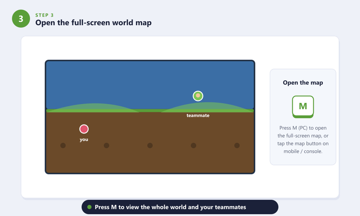 Opening the full-screen world map in Terraria to find a teammate