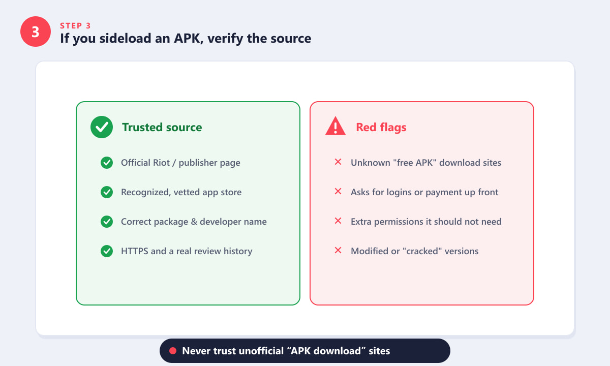 Fuente confiable frente a señales de alerta al descargar un APK de Valorant Mobile