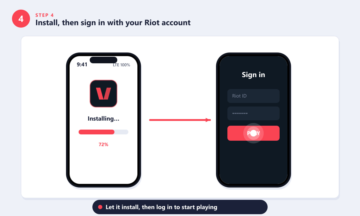 Instalación de Valorant Mobile y la pantalla de inicio de sesión de Riot después de la descarga.