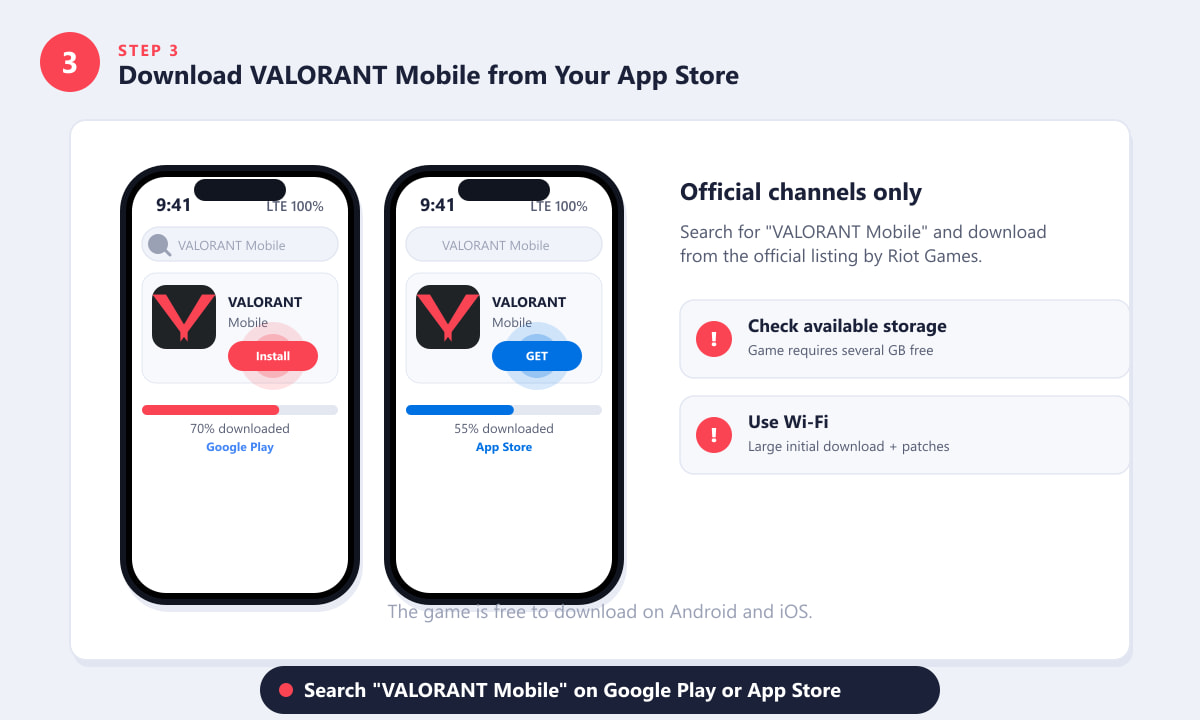 Google Play and App Store screens showing the VALORANT Mobile install button