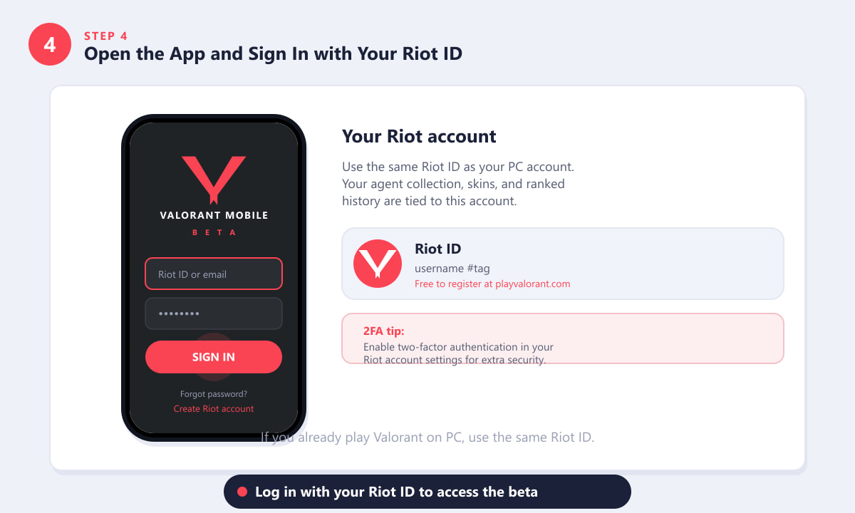 Valorant Mobile beta login screen with Riot ID and password fields on a phone