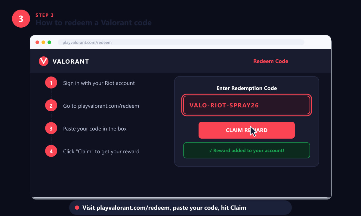 How to redeem a Valorant code on playvalorant.com — sign in, paste code, click claim