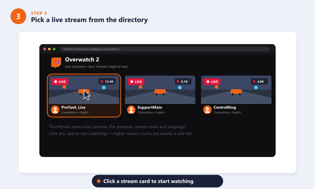 Выберите прямую трансляцию Overwatch 2 из списка каналов Twitch.