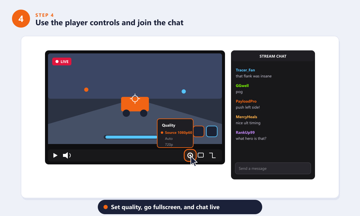 Использование элементов управления и чата плеера Twitch во время просмотра Overwatch 2.