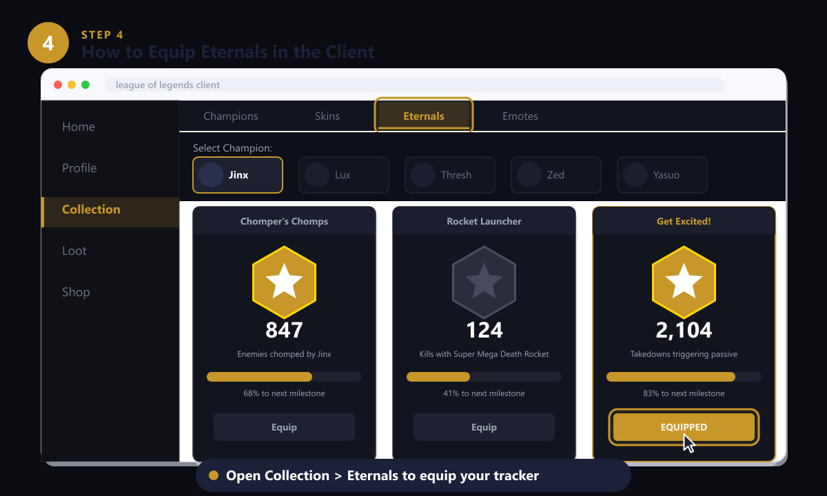 League of Legends client showing the Eternals tab in the Collection menu with Equip button highlighted