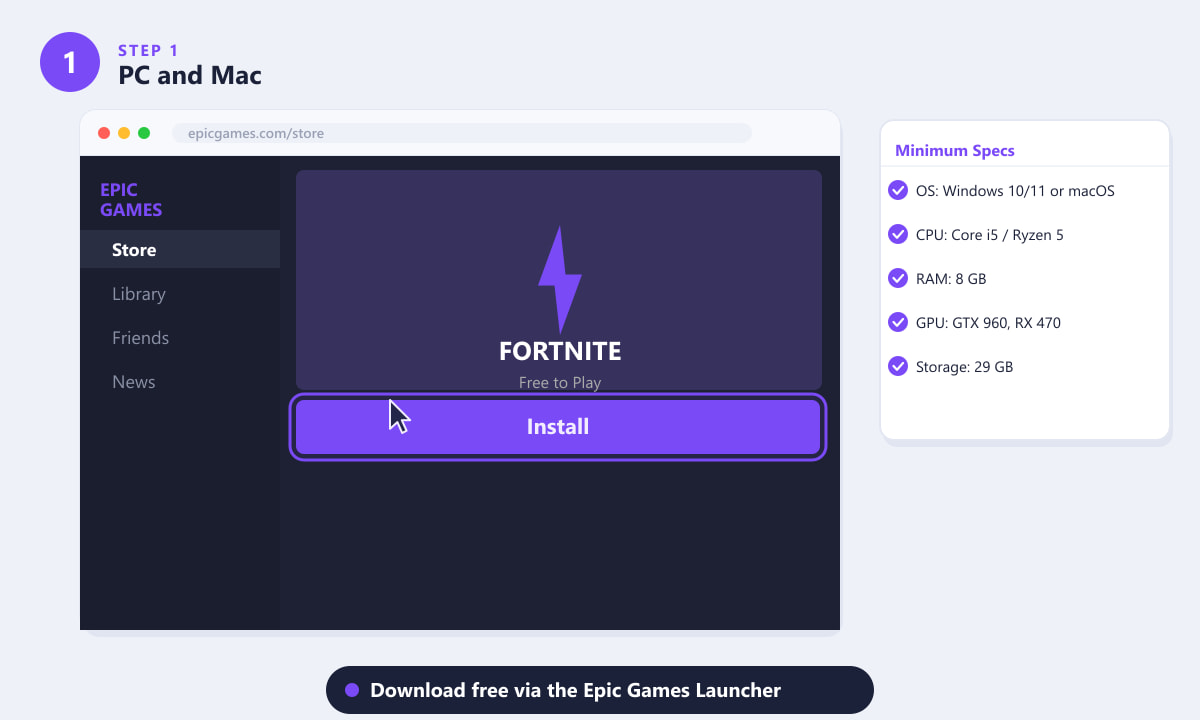Downloading Fortnite on PC through the Epic Games Launcher on Windows or Mac