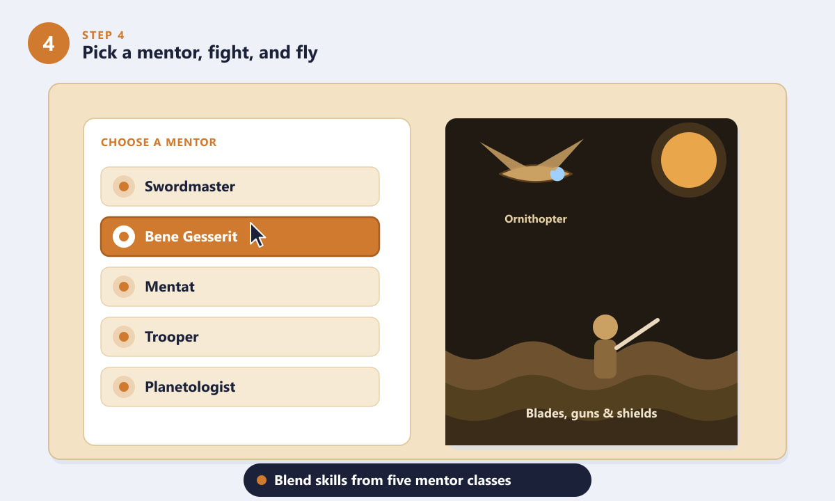 Dune: Awakening class selection menu with mentors and an ornithopter and fighter in the desert