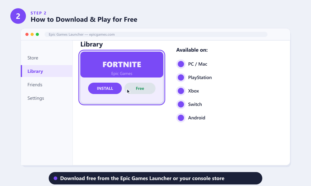 Epic Games Launcher showing Fortnite as a free install in the Library
