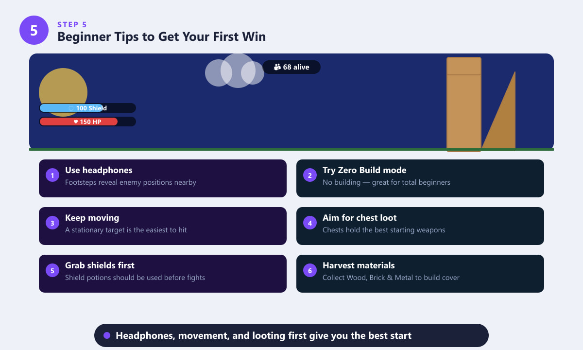 Fortnite beginner tips shown with HUD elements and numbered tip cards