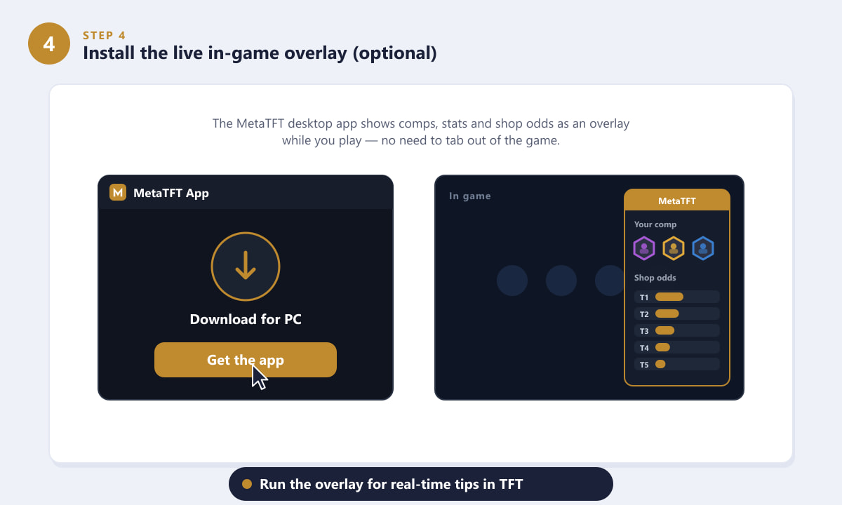 Downloading the MetaTFT desktop app and using the live overlay during a TFT game