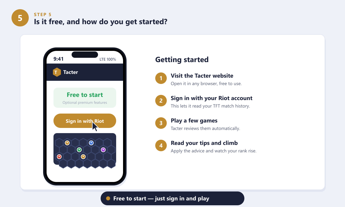Getting started with Tacter for TFT, free to start and sign in with Riot