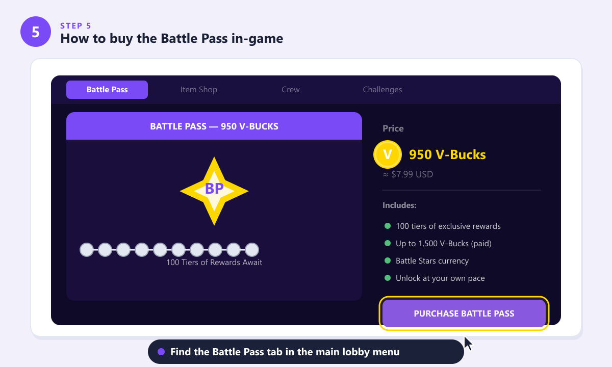 Fortnite lobby menu showing the Battle Pass purchase screen
