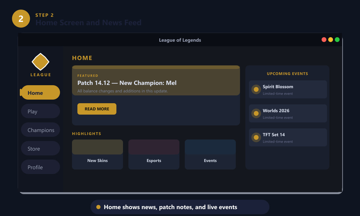 The League of Legends client Home screen showing the news feed, patch notes, and events panel
