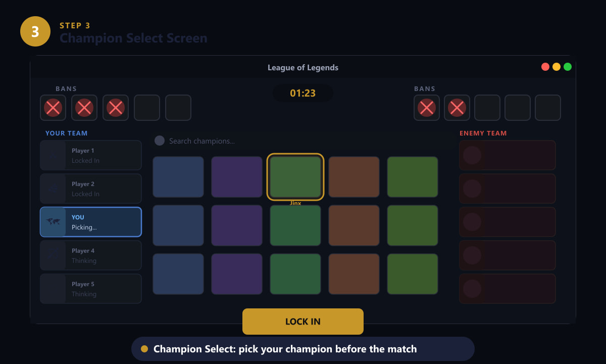 League of Legends Champion Select screen showing bans, team picks, champion grid, timer, and Lock In button