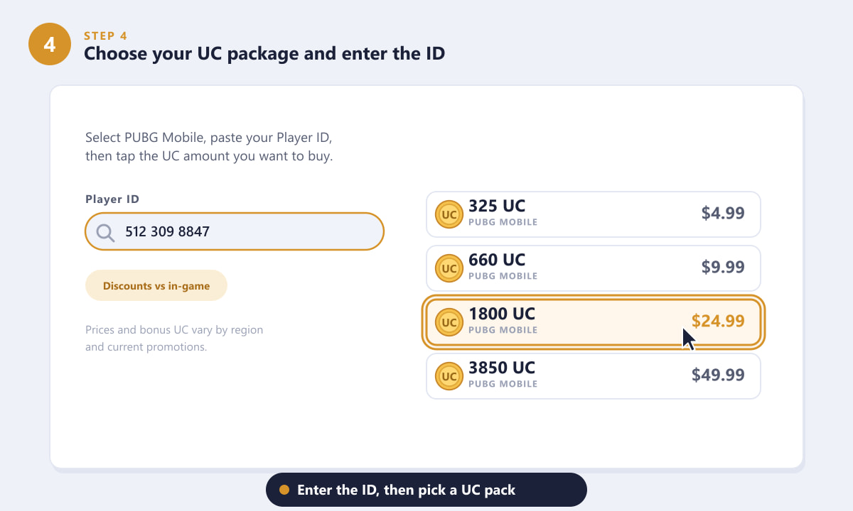 Zingpay에서 플레이어 ID를 입력하고 PUBG Mobile UC 패키지를 선택하세요.