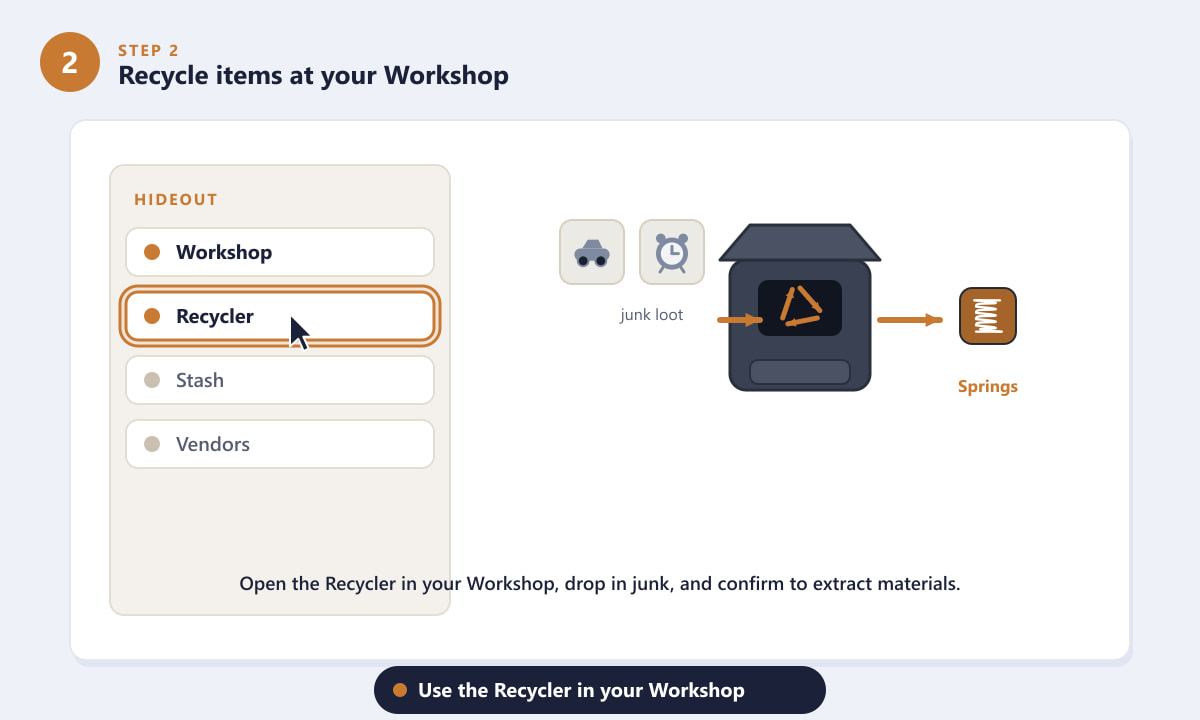 Recycling junk loot into Springs at the Workshop Recycler in ARC Raiders