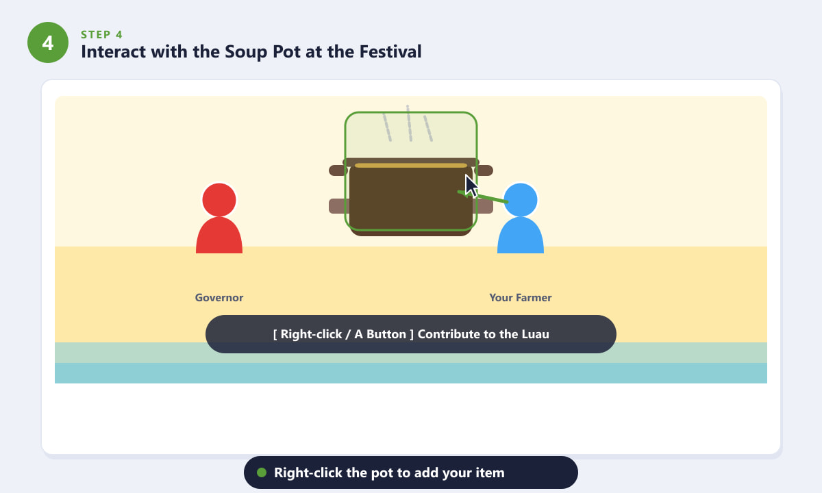 Interacting with the communal soup pot at the Luau beach festival in Stardew Valley
