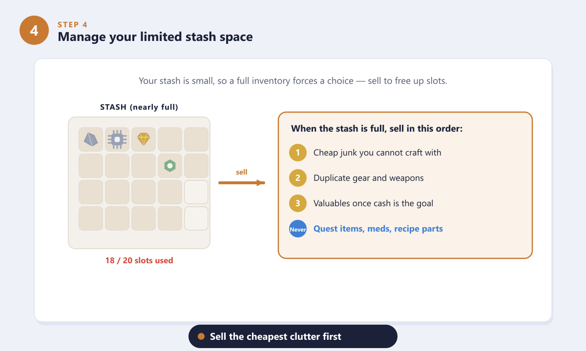 Managing limited stash space in ARC Raiders by selling cheap clutter first