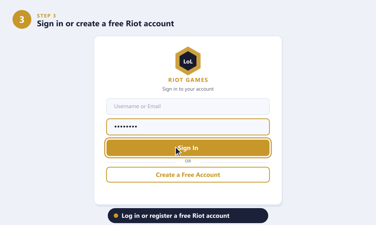 Вход в систему или создание бесплатной учетной записи Riot в клиенте League of Legends.