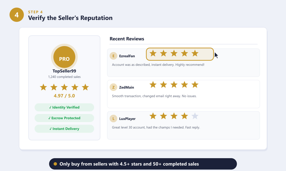 Verifying a seller's star rating and review history before buying a League of Legends account
