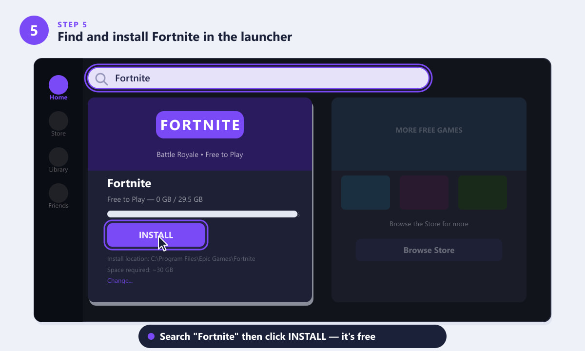 Finding Fortnite in the Epic Games Launcher and clicking Install